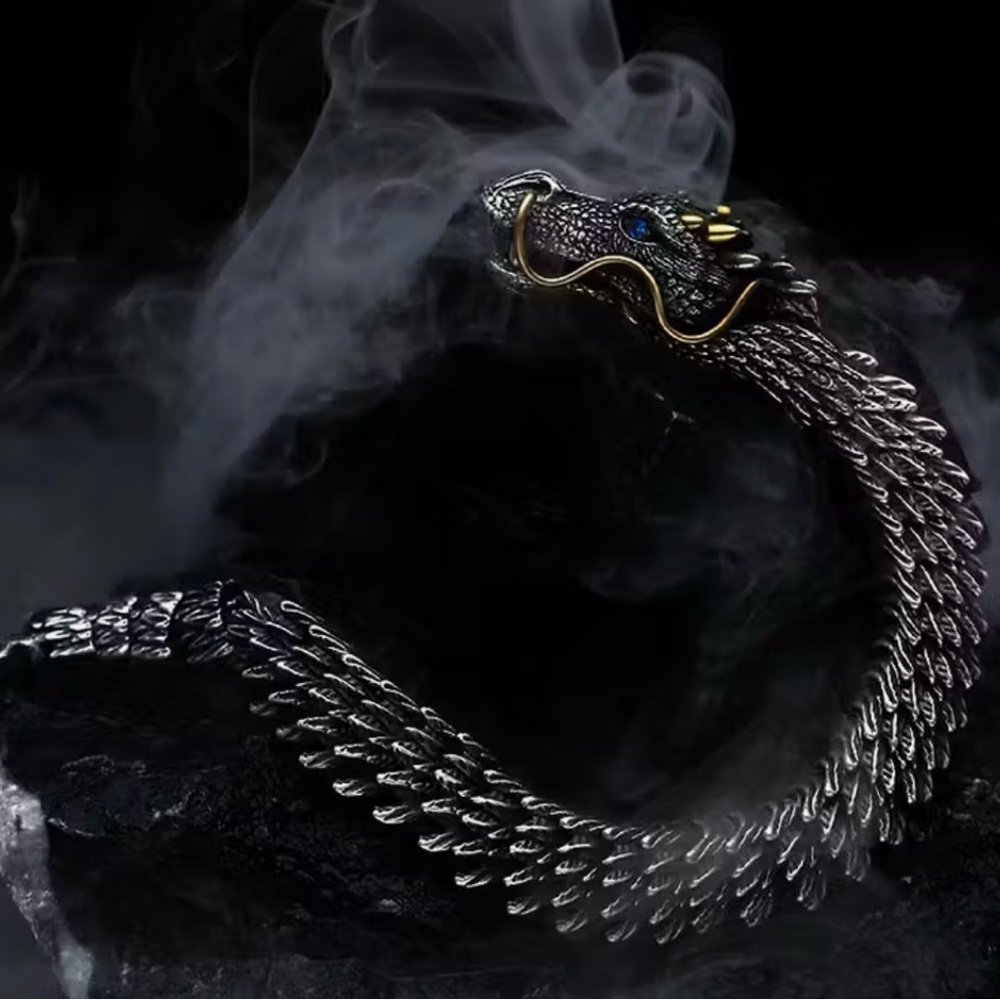 Retro Style Steel And Sterling Silver Dragon Bracelet